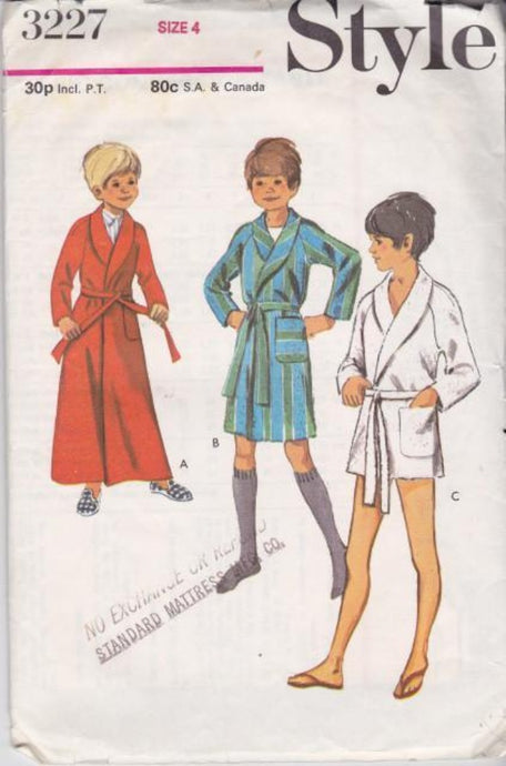 Style 3227 Boys Bath Robe Wrap Style Vintage Sewing Pattern 1970's - VintageStitching - Vintage Sewing Patterns