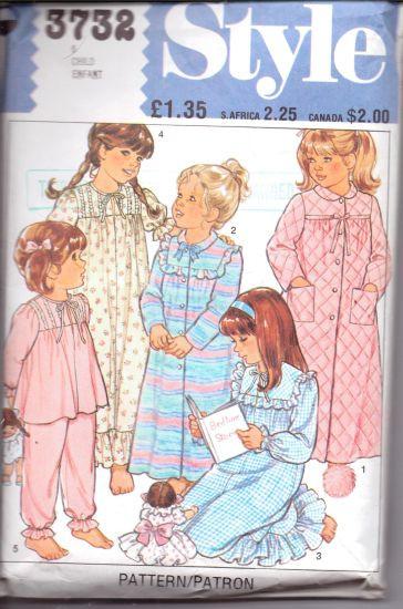 Style 3732 Girls Pajamas Dressing Night Gown Vintage Sewing Pattern - VintageStitching - Vintage Sewing Patterns
