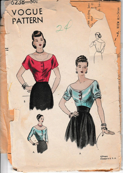 Vogue 6238 Ladies Off Shoulder Blouse Vintage 1940's Sewing Pattern Unprinted - VintageStitching - Vintage Sewing Patterns