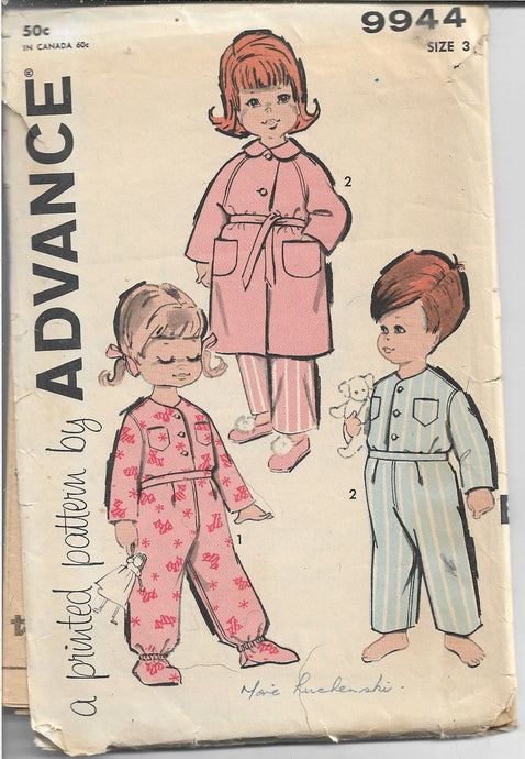 Advance 9944 Toddlers Boys Girls Pajamas Robe Vintage  Sewing Pattern 1960s - VintageStitching - Vintage Sewing Patterns