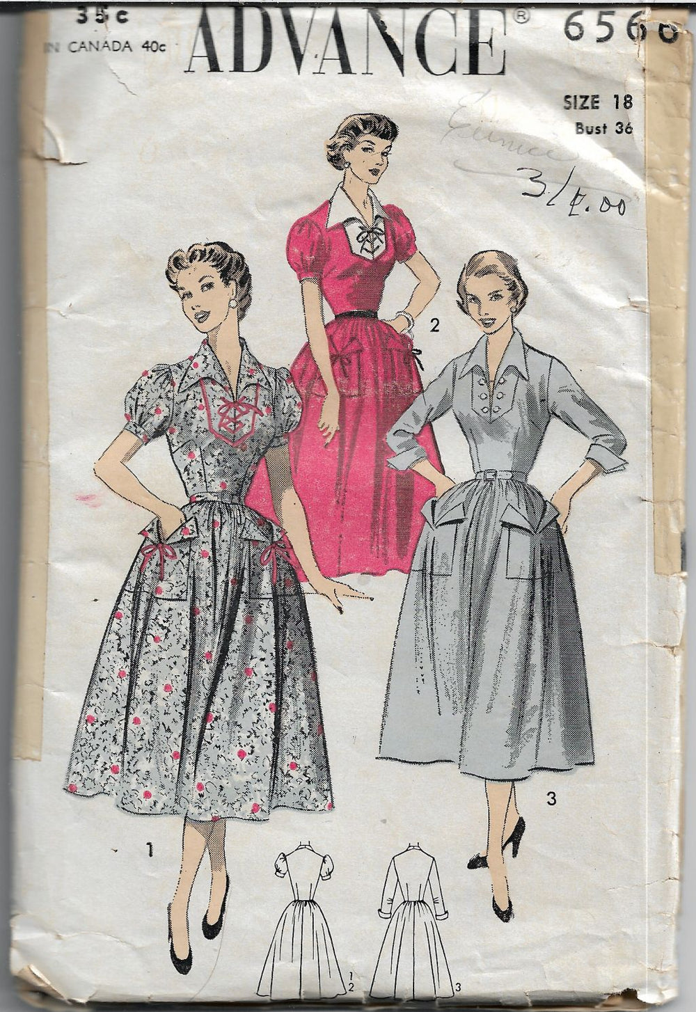Advance 6566 Dress Wing Collar Puff Sleeves Vintage Sewing Pattern