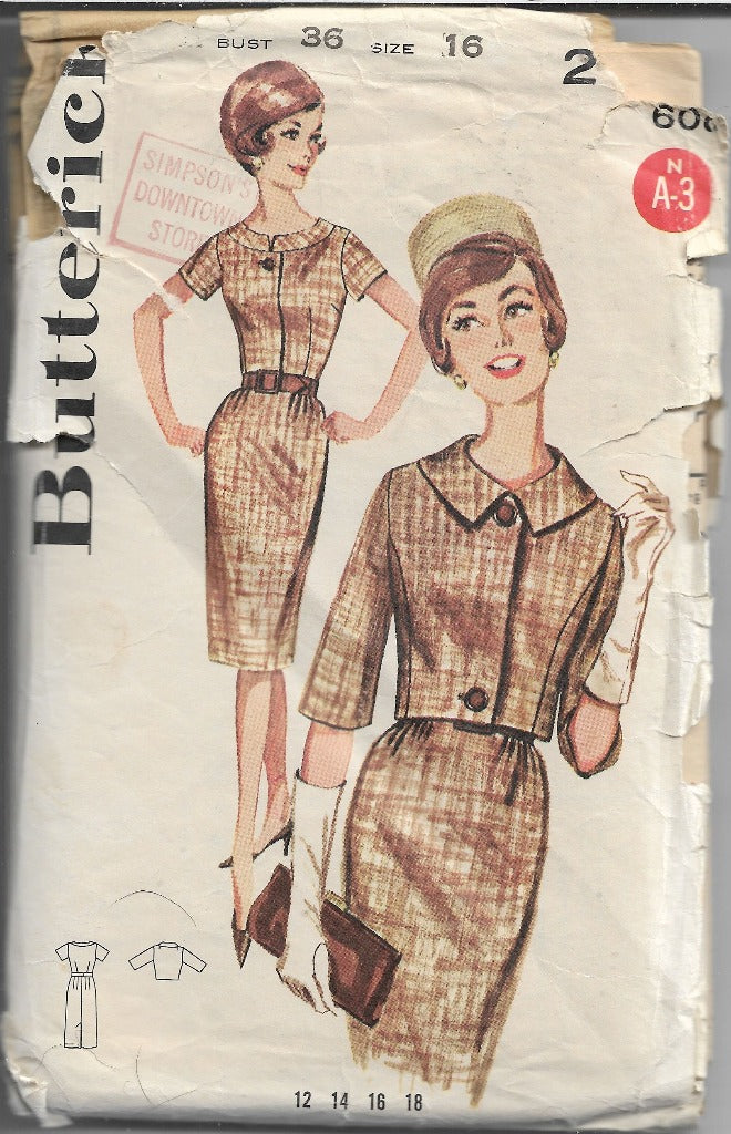 Butterick 2181 Vintage Sewing Pattern 1960s Ladies Sheath Dress Bolero Jacket - VintageStitching - Vintage Sewing Patterns