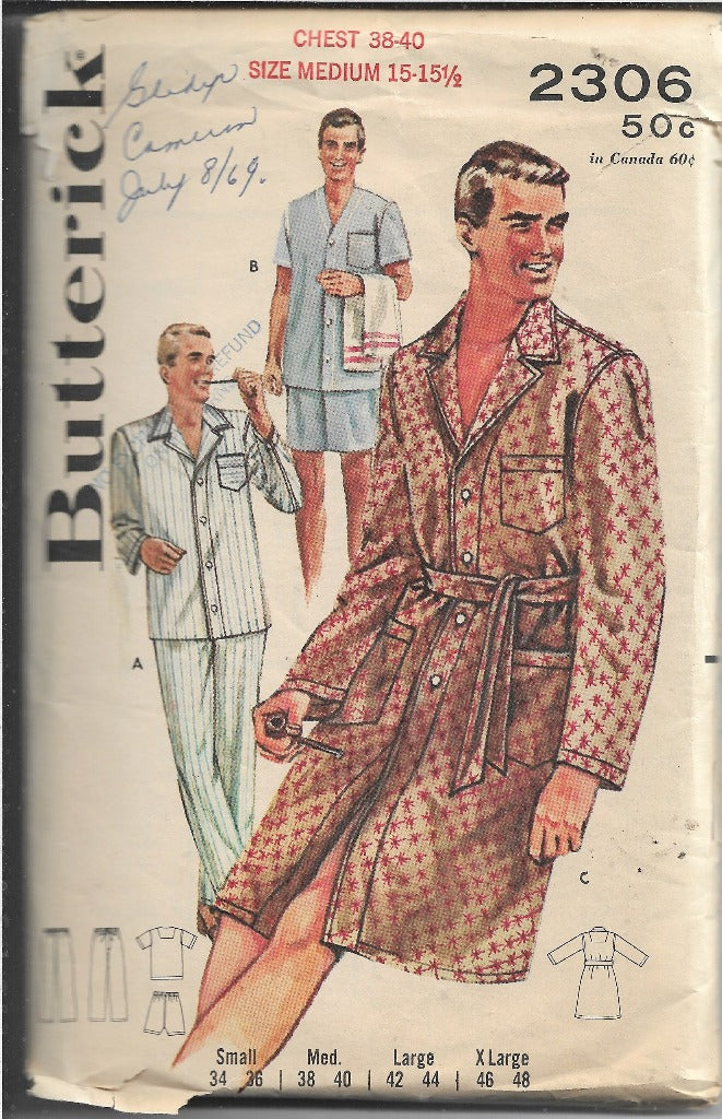 Butterick 2306 Vintage Sewing Pattern 1960s Mens Pajamas Robe