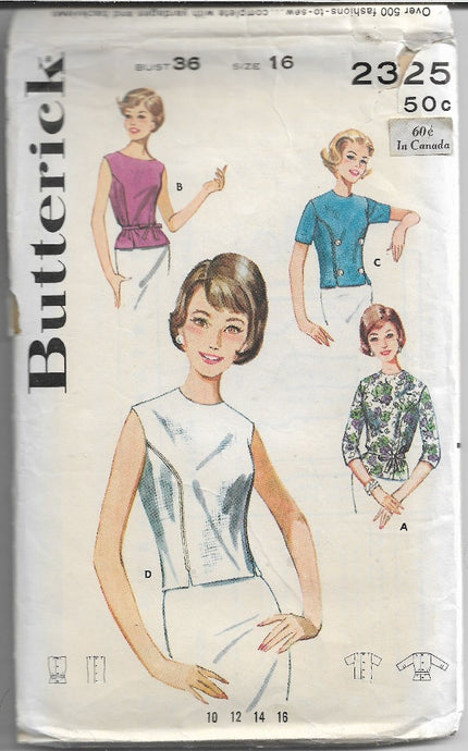 Butterick 2325 Vintage Sewing Pattern 1960s Ladies Back Buttoned Blouse - VintageStitching - Vintage Sewing Patterns