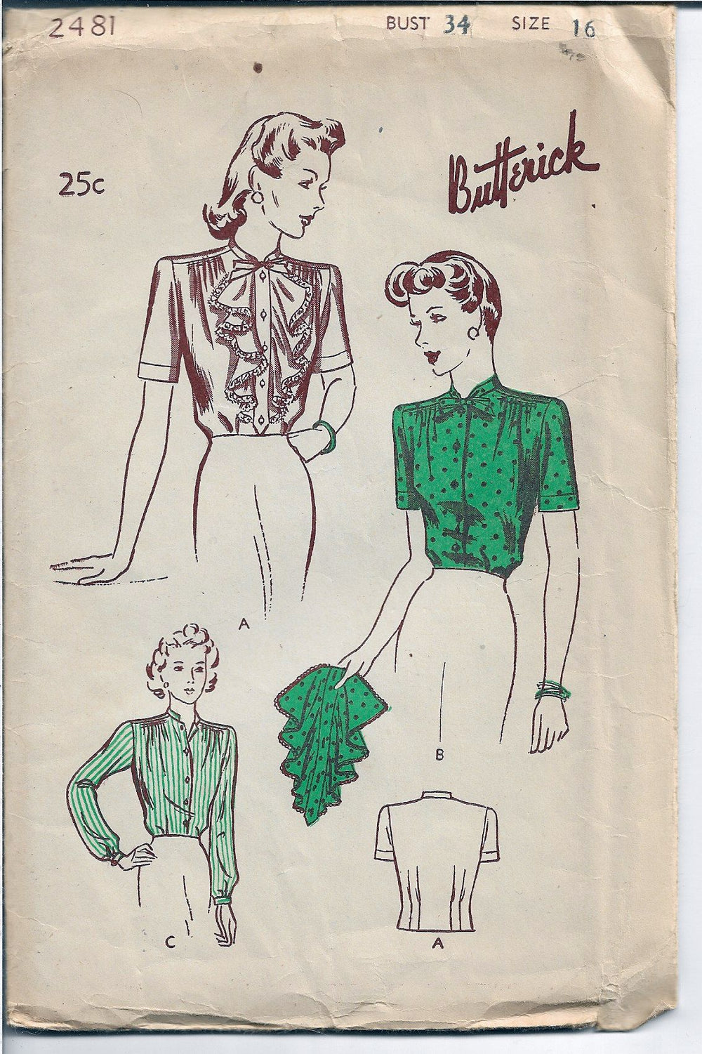 Butterick 2481 Ladies Frilly Jabot Blouse Vintage Sewing Pattern 1940s - VintageStitching - Vintage Sewing Patterns