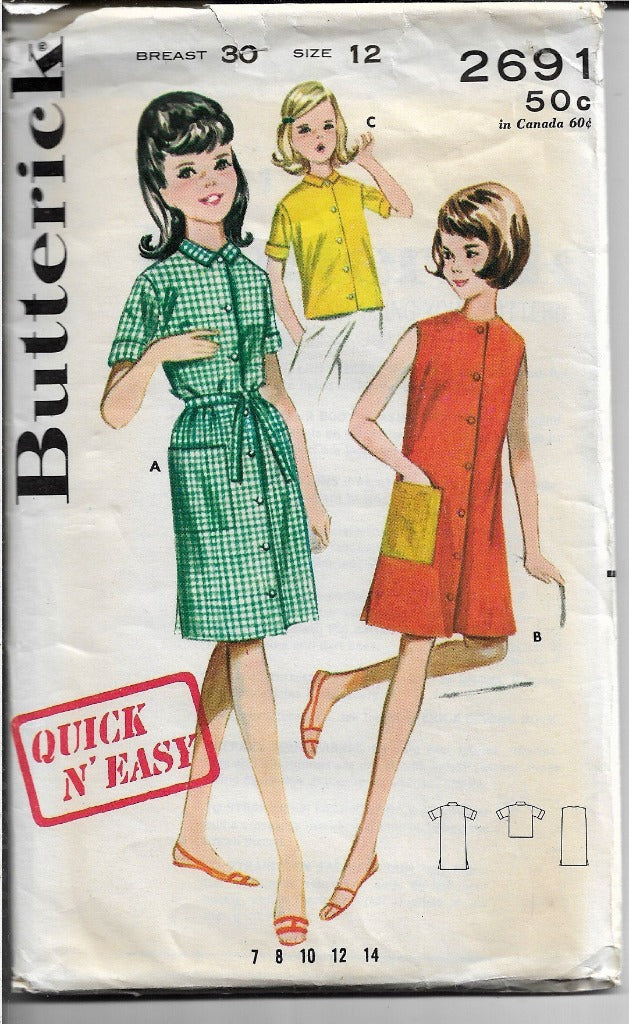 Butterick 2691 Girls Button Blouse Beach Dress Vintage Sewing Pattern 1960s - VintageStitching - Vintage Sewing Patterns