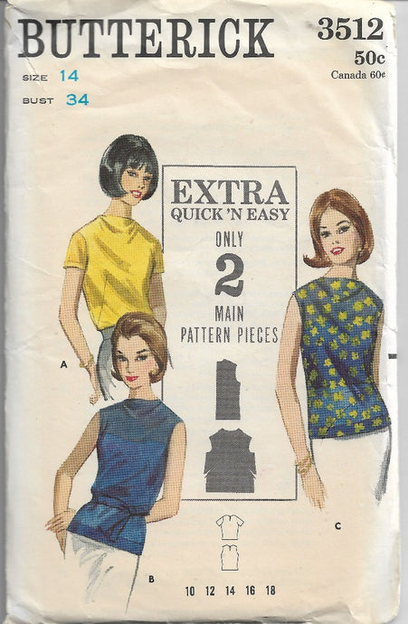 Butterick 3512 Vintage Sewing Pattern 1960s Ladies Blouse - VintageStitching - Vintage Sewing Patterns