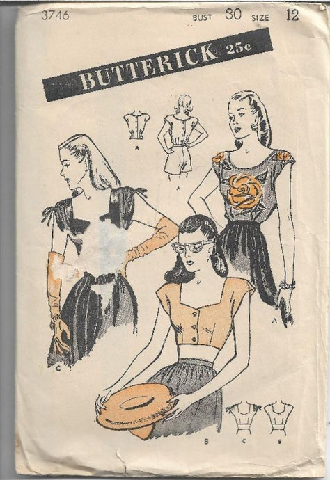 Butterick 3746 Vintage Sewing Pattern 1940s Ladies Blouse Bare Midriff Crop Top - VintageStitching - Vintage Sewing Patterns