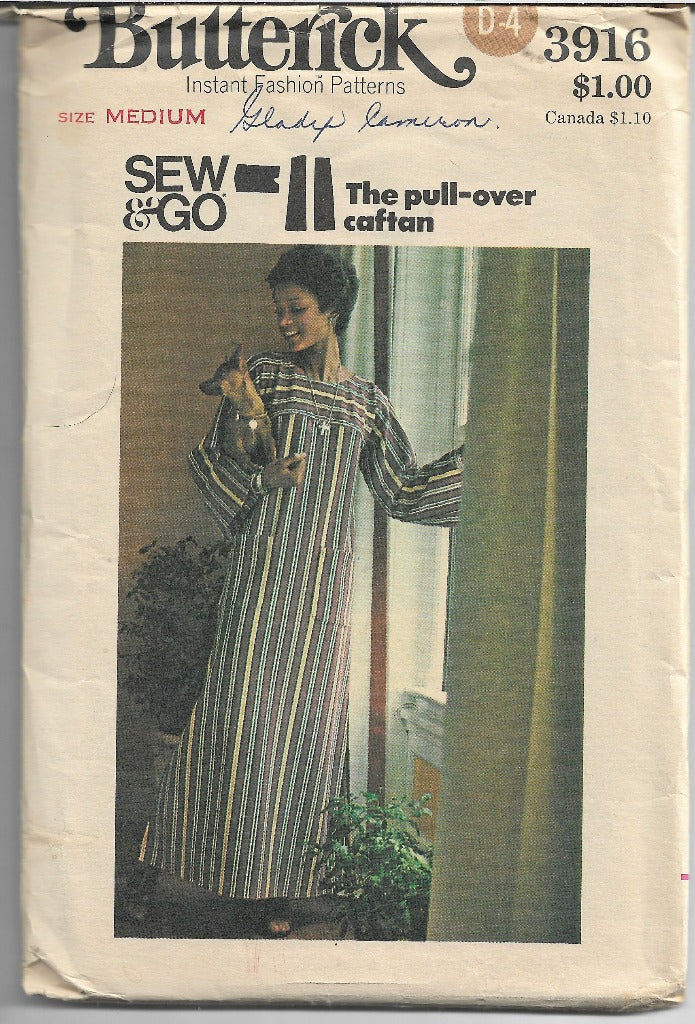 Butterick 3916 Vintage Sewing Pattern 1970s Ladies Caftan Dress - VintageStitching - Vintage Sewing Patterns