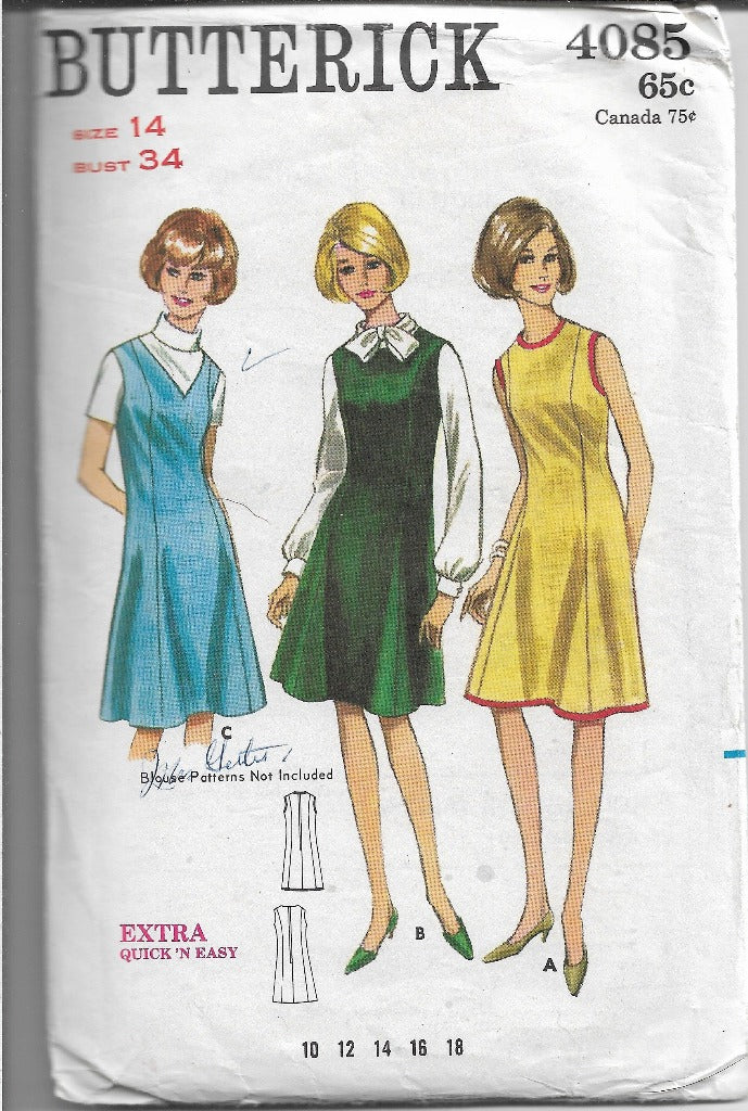 Butterick 4085 Vintage Sewing Pattern 1960s Ladies Jumper Sleeveless Dress - VintageStitching - Vintage Sewing Patterns