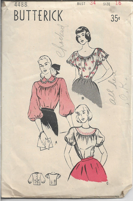 Butterick 4488 Ladies Blouse Vintage Sewing Pattern Vintage Sewing Pattern 1940s - VintageStitching - Vintage Sewing Patterns