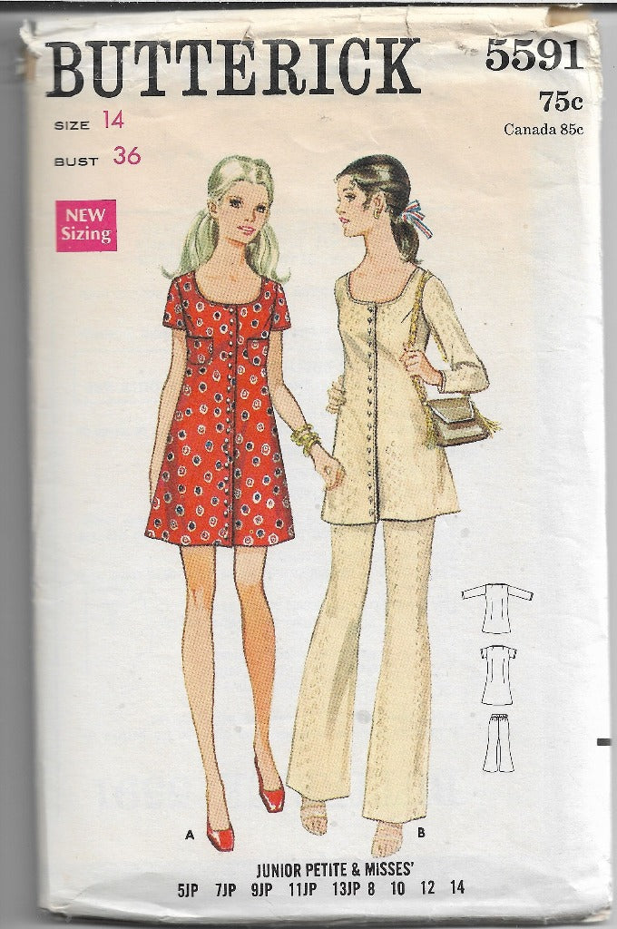 Butterick 5591 Ladies Mini Dress Pants Tunic Vintage Sewing Pattern 1960s - VintageStitching - Vintage Sewing Patterns