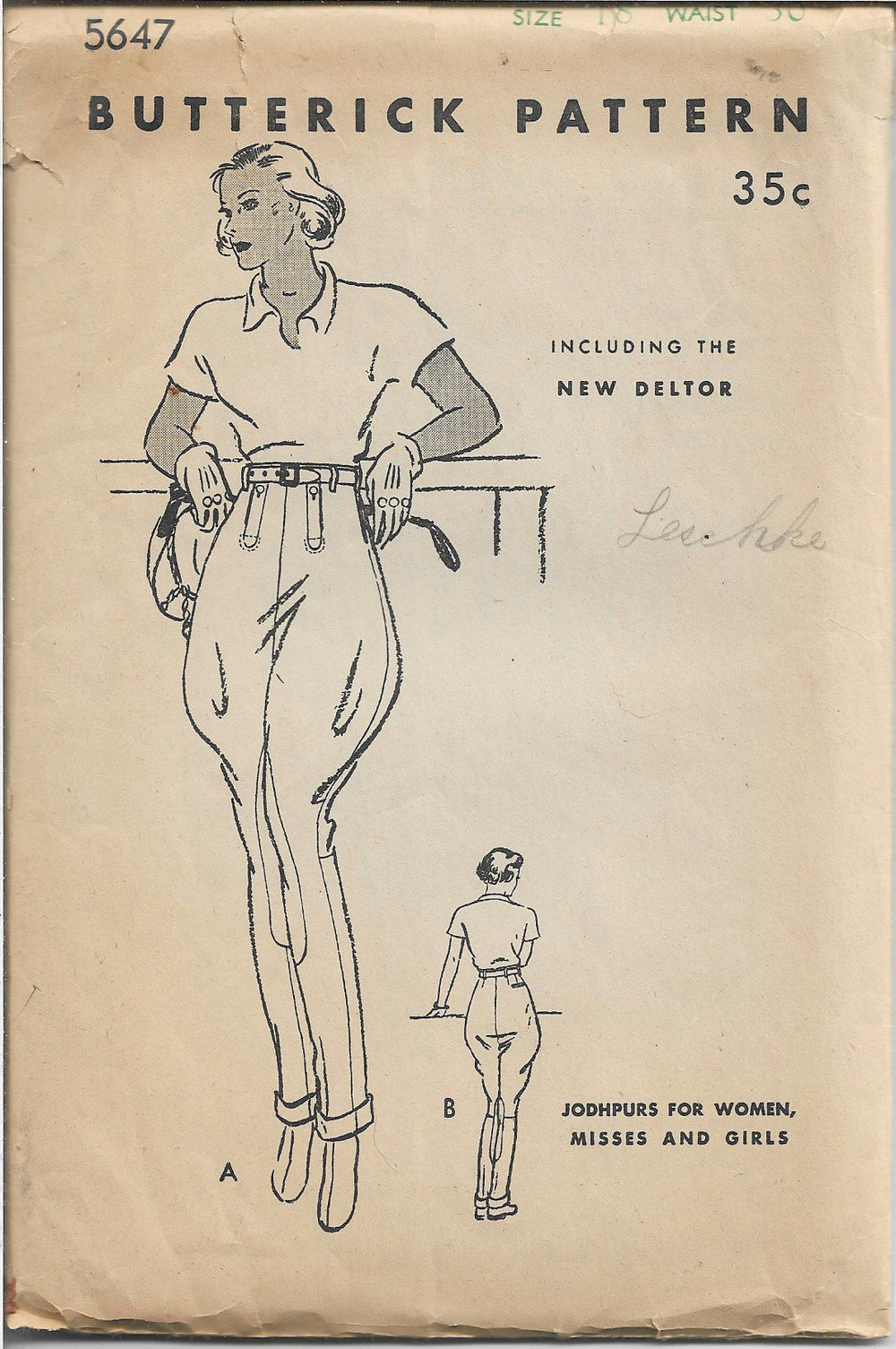 Butterick 5647 Ladies Jodhpurs Riding Pants Breeches Vintage Sewing Pattern 1930s - VintageStitching - Vintage Sewing Patterns