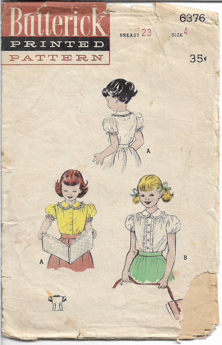 Butterick 6376 Little Girls Blouse Puffed Sleeves Vintage Sewing Pattern 1950s - VintageStitching - Vintage Sewing Patterns