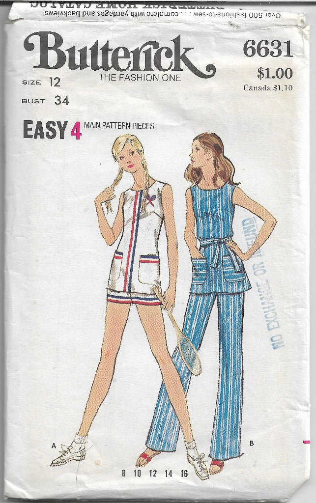 Butterick 6631 Ladies Tennis Outfit Tunic Shorts Pants Vintage Sewing Pattern 1970s - VintageStitching - Vintage Sewing Patterns