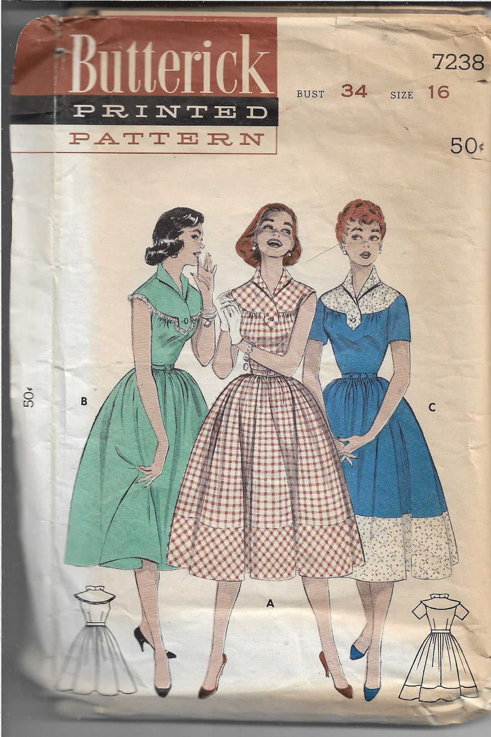 Butterick 7238 Full Skirt Dress Vintage Sewing Pattern 1950s - VintageStitching - Vintage Sewing Patterns