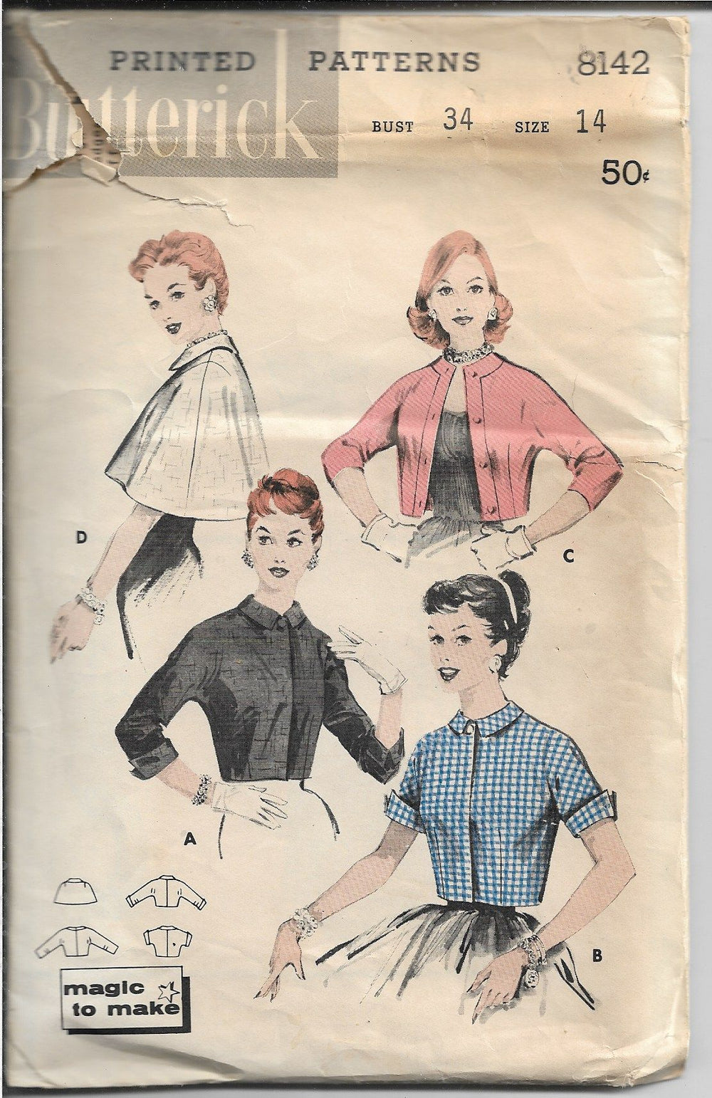 Butterick 8142 Shortie Bolero Jacket Cape Vintage Sewing Pattern 1950s - VintageStitching - Vintage Sewing Patterns