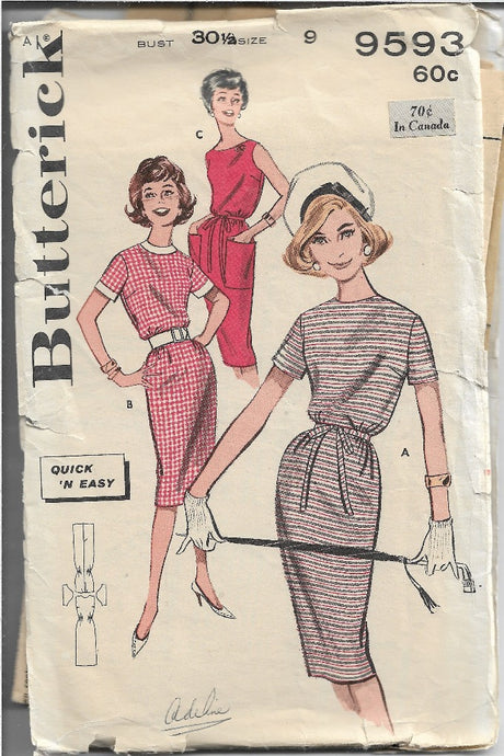 Butterick 9593 Junior Ladies Sheath Dress Vintage Sewing Pattern 1960s - VintageStitching - Vintage Sewing Patterns