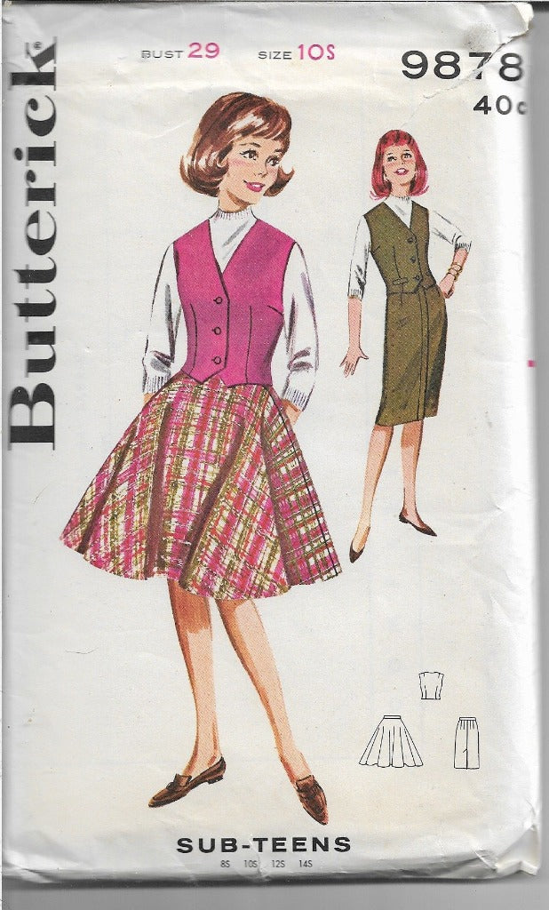 Butterick 9878 Sub Teen Skirt Weskit Vintage Sewing Pattern 1960's - VintageStitching - Vintage Sewing Patterns