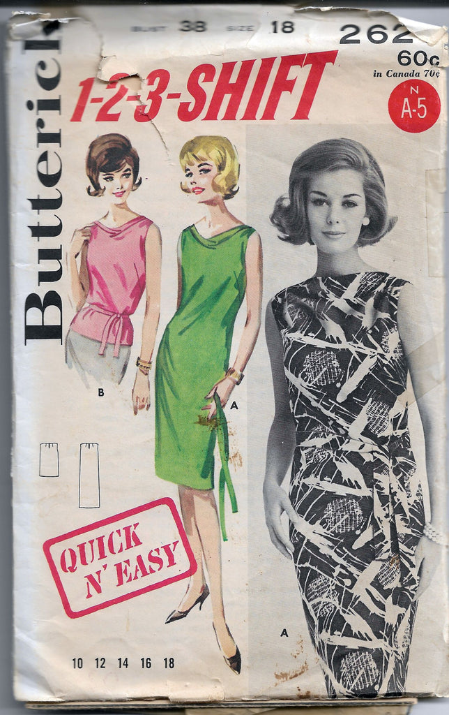 Butterick 2627 Ladies Shift Dress Blouse Vintage Sewing Pattern 1960s