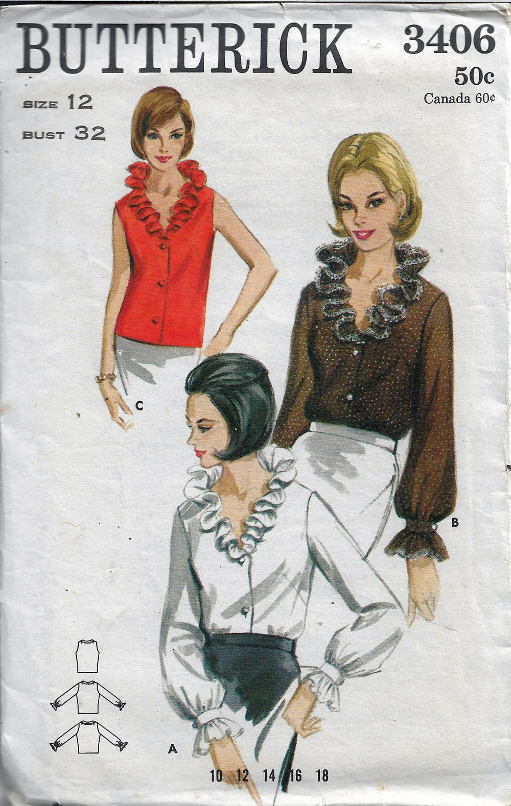 Butterick 3406 Ruffle Neck Blouse Vintage Sewing Pattern