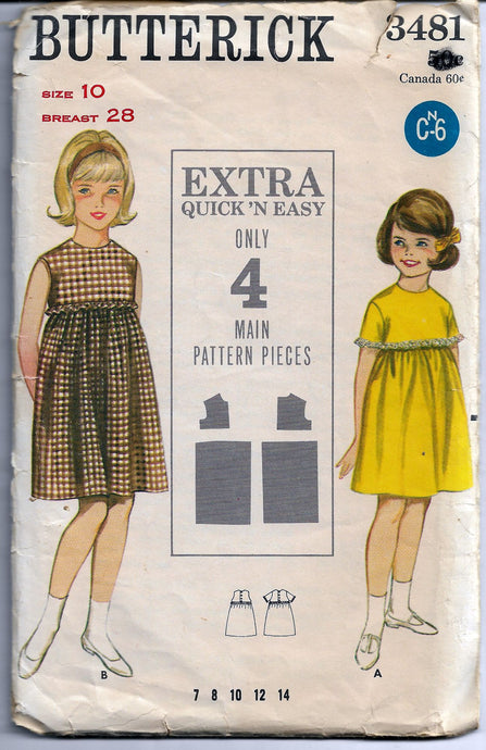 butterick 3481 girls dress vintage 60s pattern