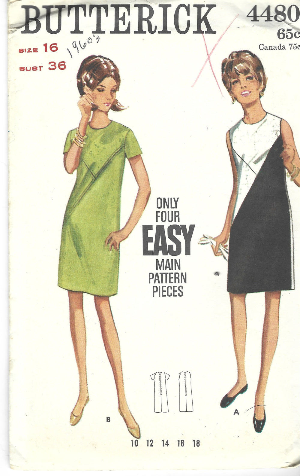 Butterick 4480 Ladies One Piece Slim Dress Vintage Pattern 1960s