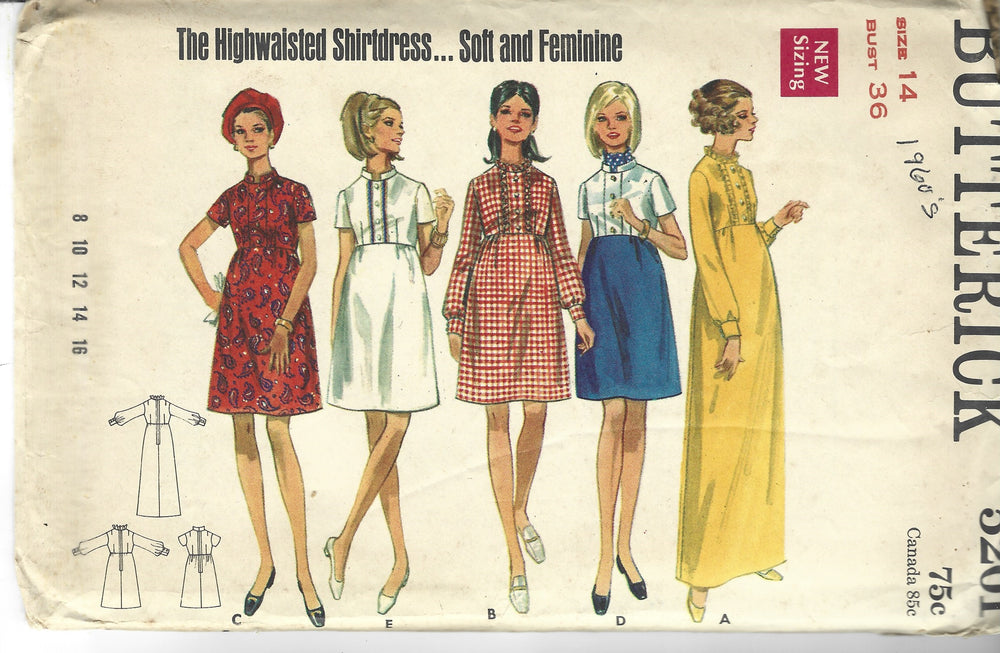 Butterick 5201  Ladies Empire Waist Dress Vintage Sewing Pattern 1960s