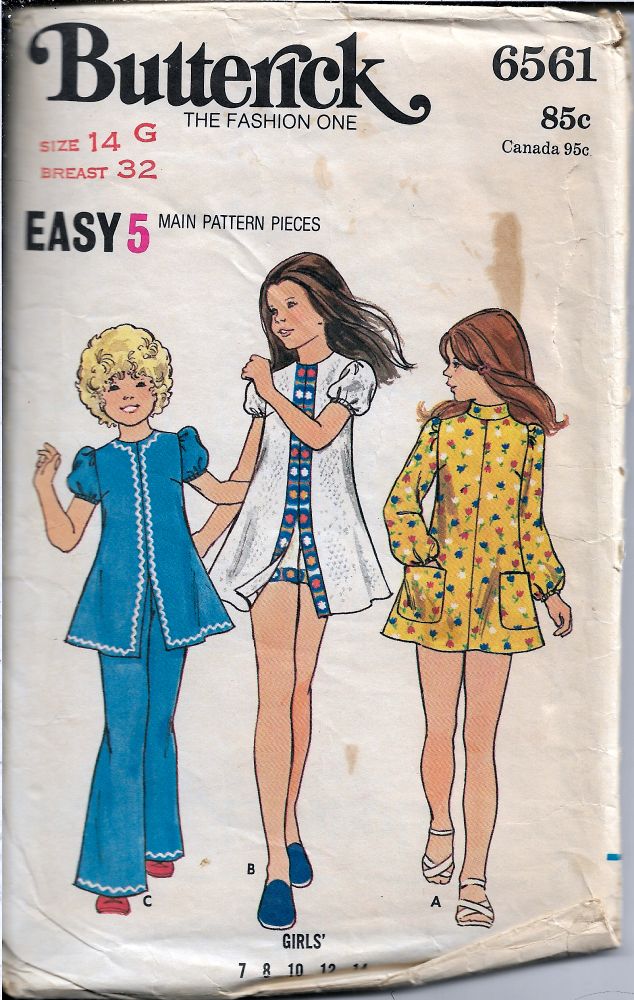 Butterick 6561 Girls Flared A-Line Dress Pants Shorts Vintage Sewing Pattern 1970's - VintageStitching - Vintage Sewing Patterns