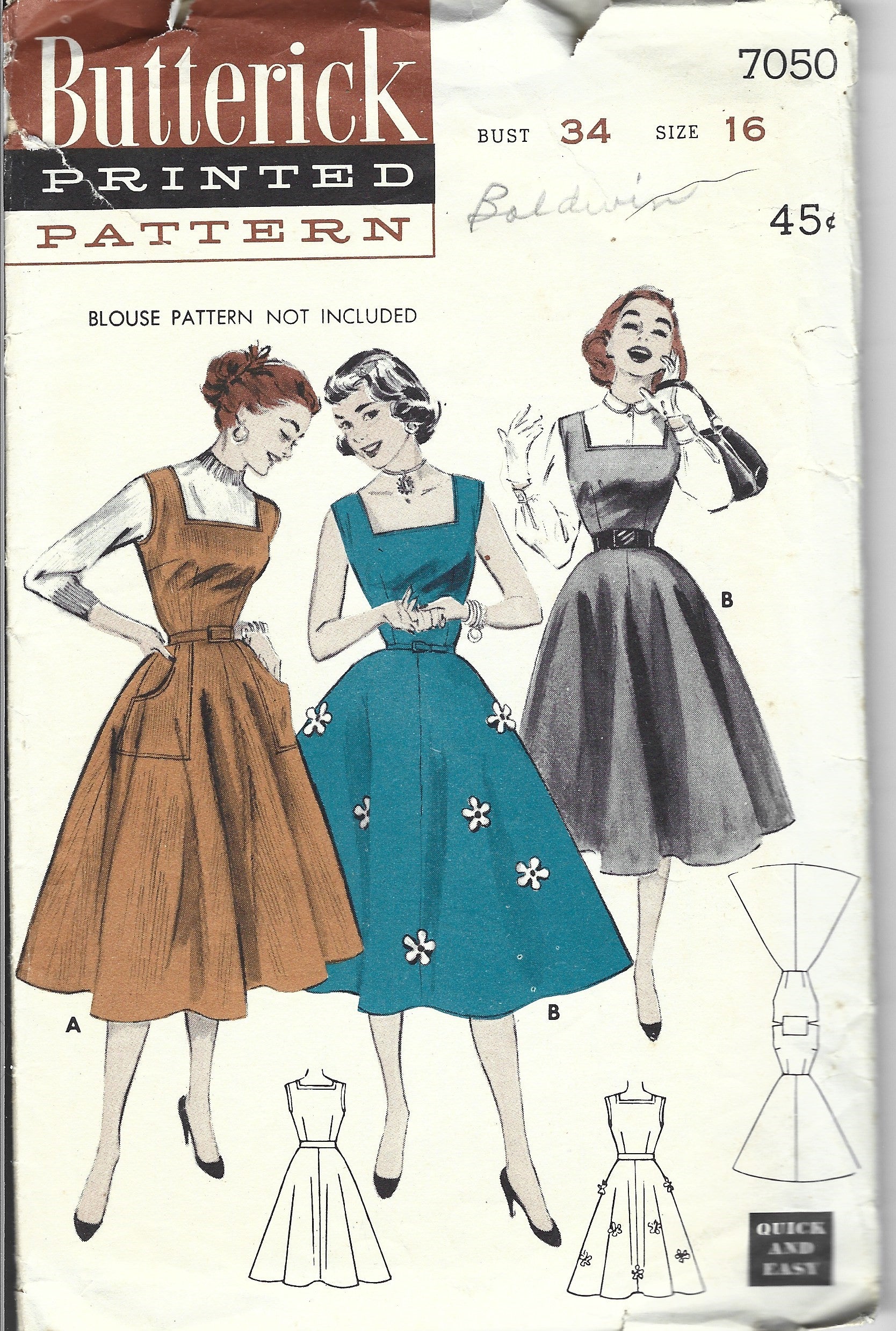 1950s LOVELY Dress Pattern BUTTERICK 6796 Day or Party Evening Dress,  Flattering V Necklines Bust 32 Vintage Sewing Pattern