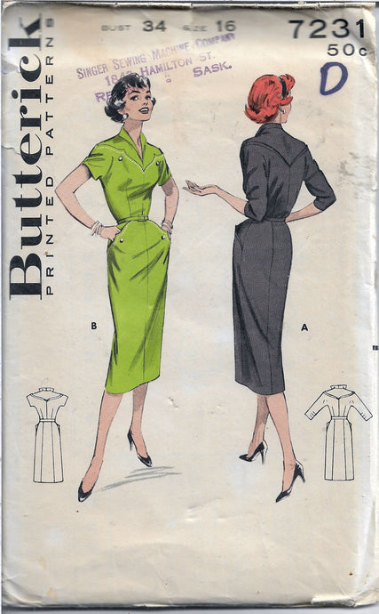 butterick 7231 casual dress vintage 50s pattern