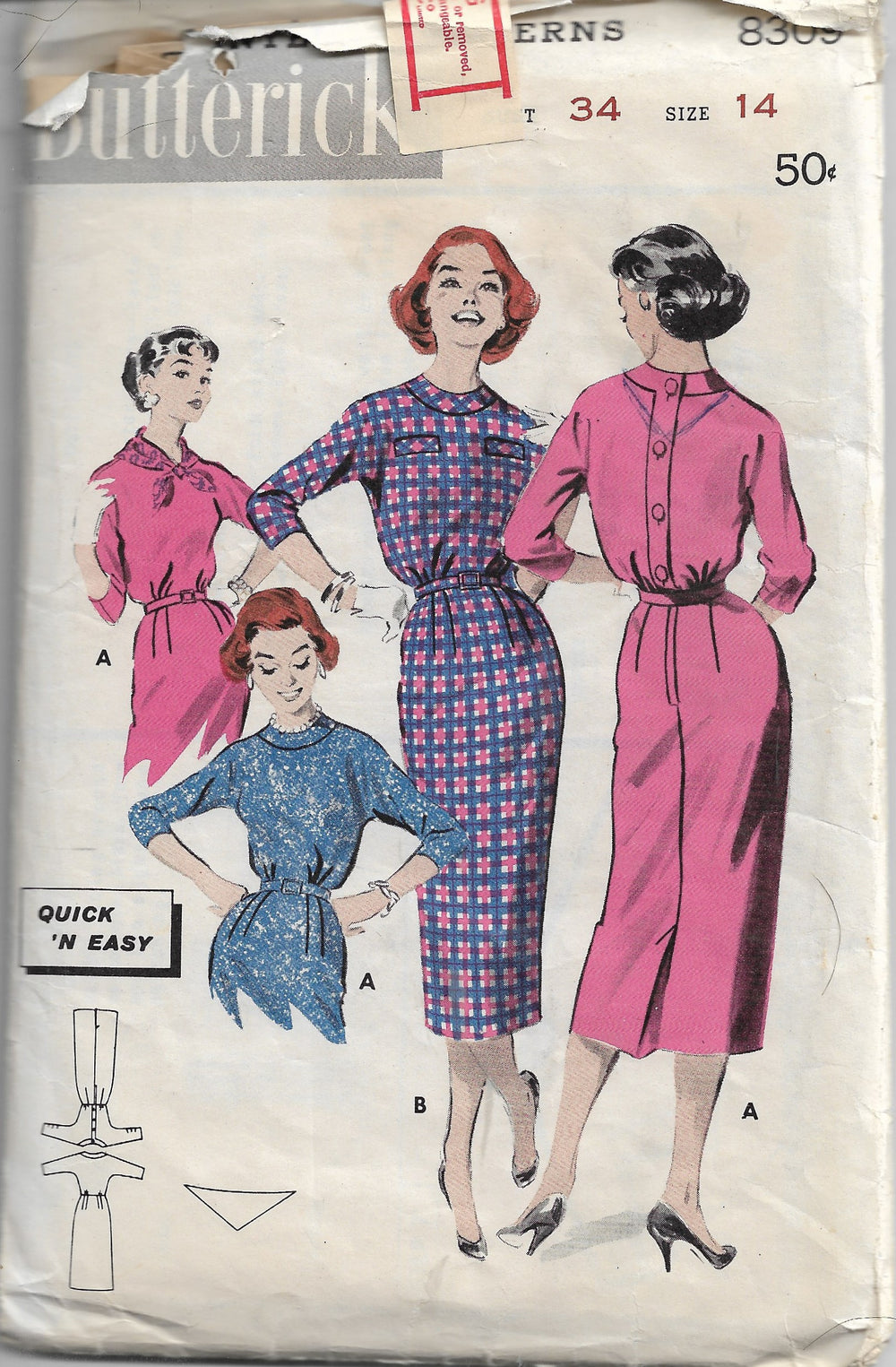 Butterick 8309 Ladies Basic Back Buttoned Sheath Dress Vintage Sewing Pattern 1950s