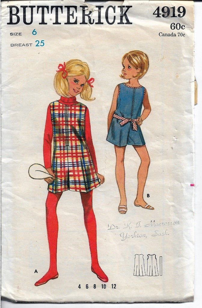 Butterick 4919 Girls Pantdress Jumper Dress Pantjumper Vintage