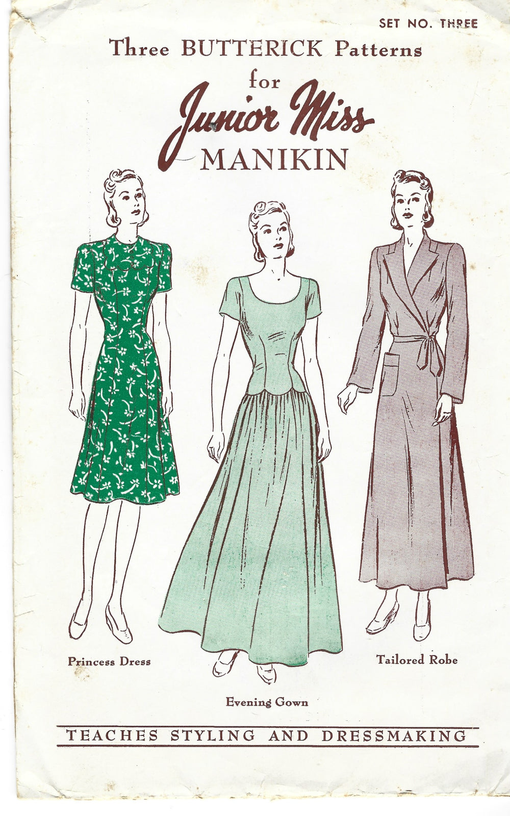 Butterick Set Three Junior Miss Manikin Manniquin Doll Princess Dress Gown Robe Vintage Pattern 1940s