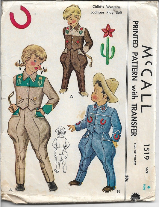 McCall 1519 Childs Western Cowboy Play Suit Jacket Vintage Sewing Pattern 1940s - VintageStitching - Vintage Sewing Patterns