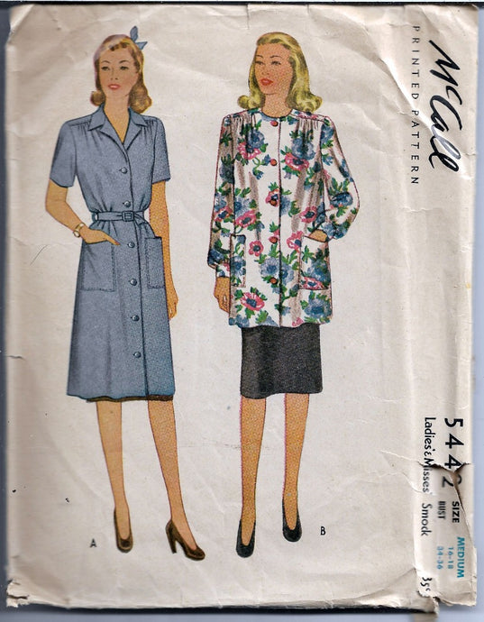 McCall 5442 Ladies Smock Dress Vintage Sewing Pattern 1940s - VintageStitching - Vintage Sewing Patterns