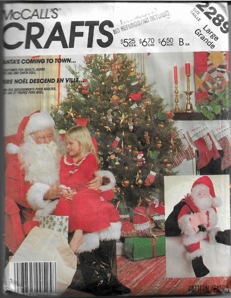 McCall's Crafts 2289 Christmas Santa Claus Costume Bag Doll Vintage 1980's Craft Pattern - VintageStitching - Vintage Sewing Patterns