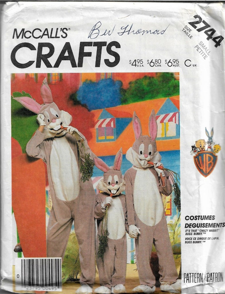 McCall's 2744 Bugs Bunny Halloween Costume Vintage Sewing Pattern 1980's Adult Mens Ladies - VintageStitching - Vintage Sewing Pattern