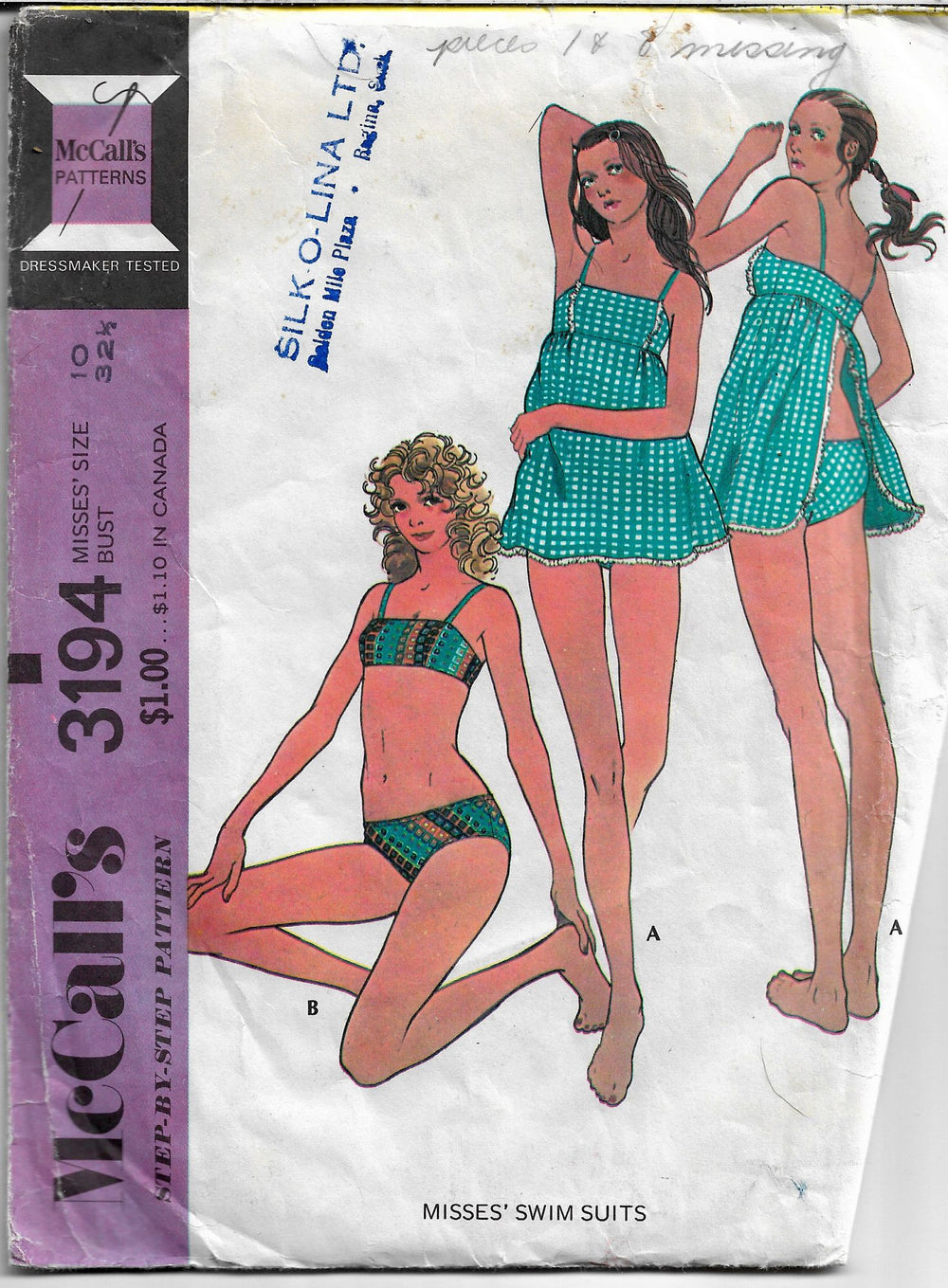 McCalls 3194 Ladies Swim Bathing Suit Swimwear Bikini Vintage Sewing Pattern 1970s