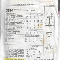 McCalls 3194 Ladies Swim Bathing Suit Swimwear Bikini Vintage Sewing Pattern 1970s