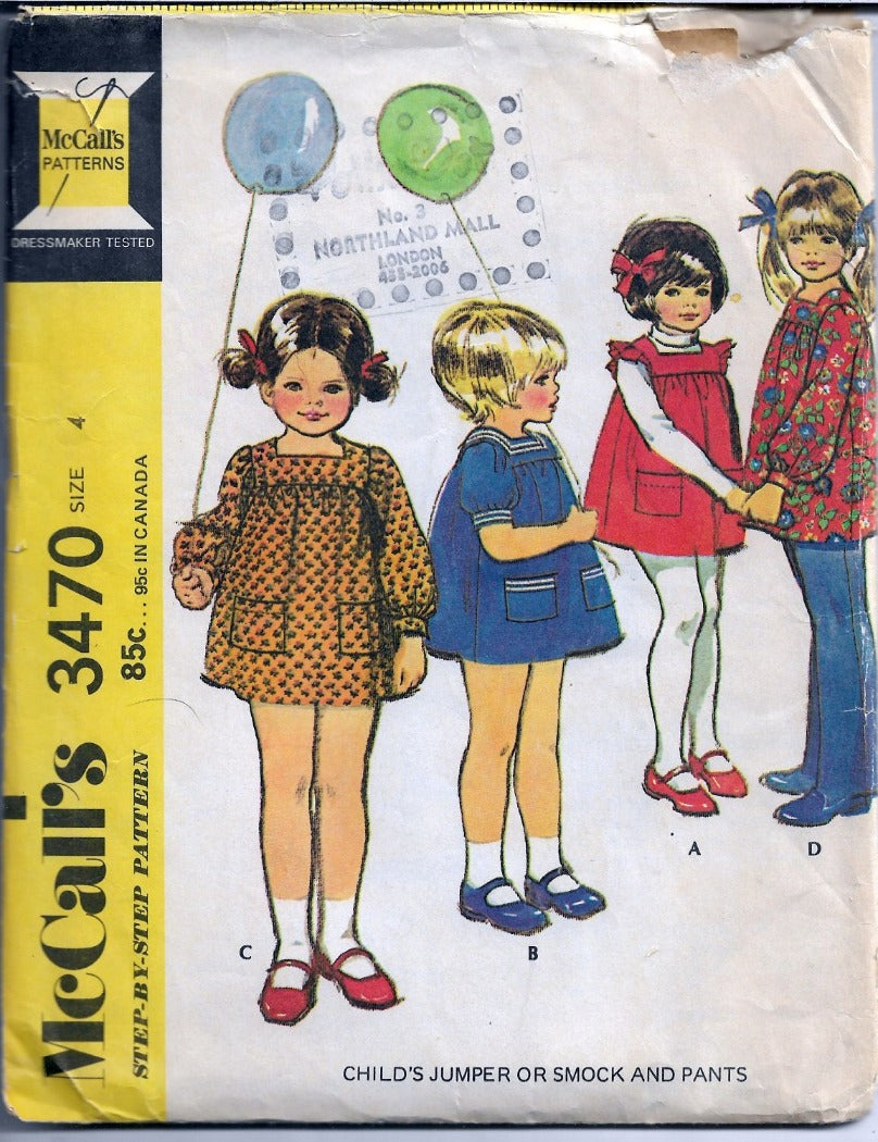 McCalls 3470 Little Girls Jumper Dress Smock Pants Vintage Sewing Pattern 1970s - VintageStitching - Vintage Sewing Patterns