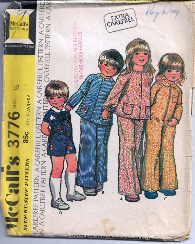 McCall's 3776 Toddler Jumpsuit Coveralls Pajamas Vintage 1970's Sewing Pattern Retro Style Clothing - VintageStitching - Vintage Sewing Patterns