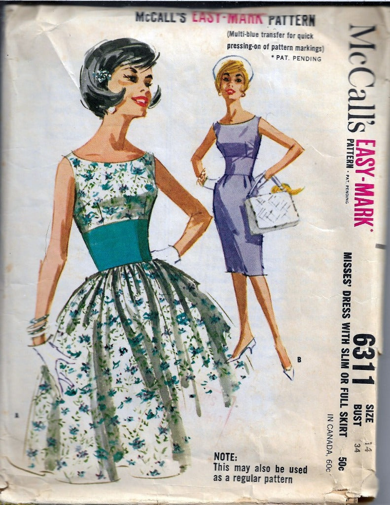 McCalls 6311 Vintage Sewing Pattern 1960s Ladies Sleeveless Dress