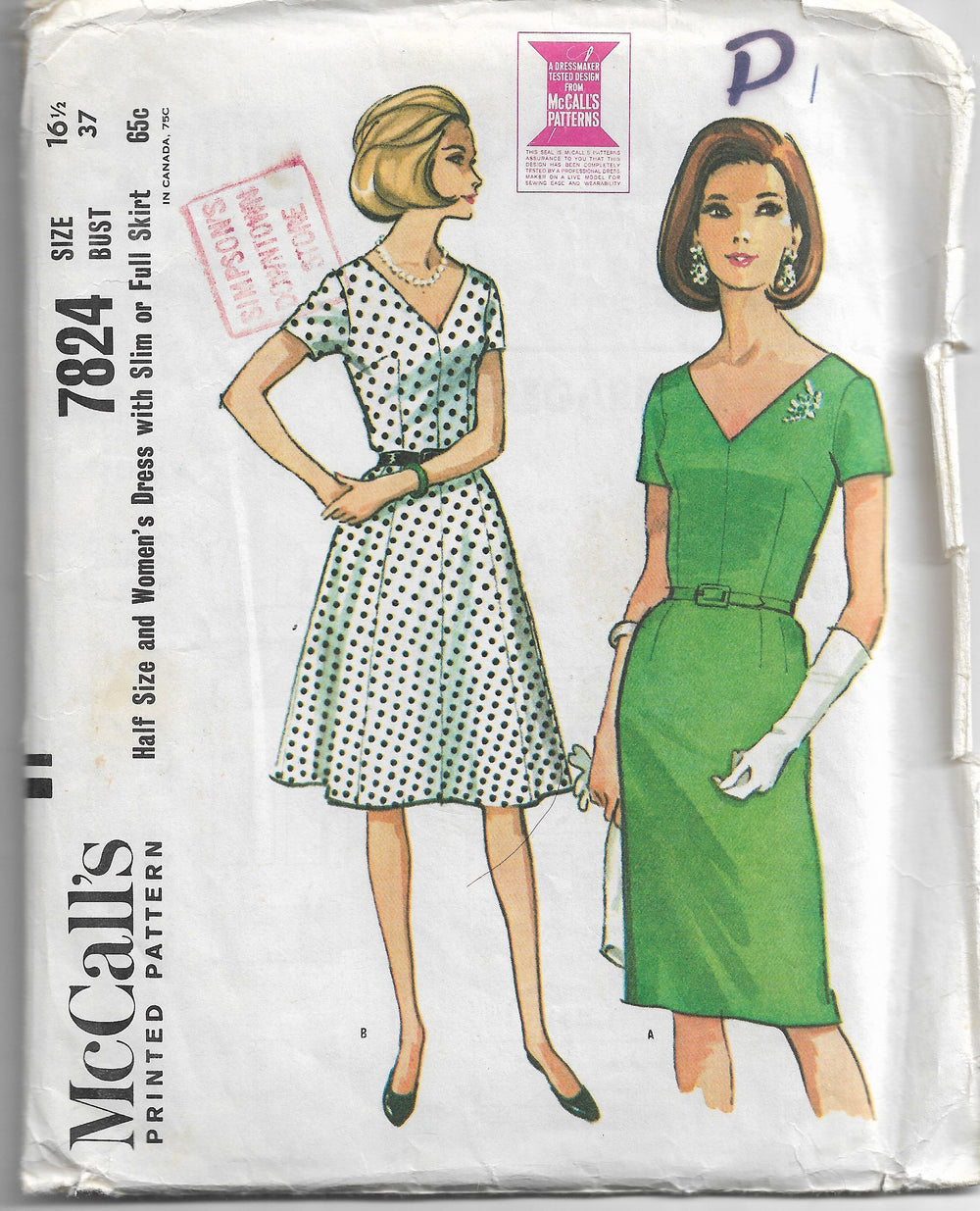 mccalls 7824 ladies dress pattern 1960s
