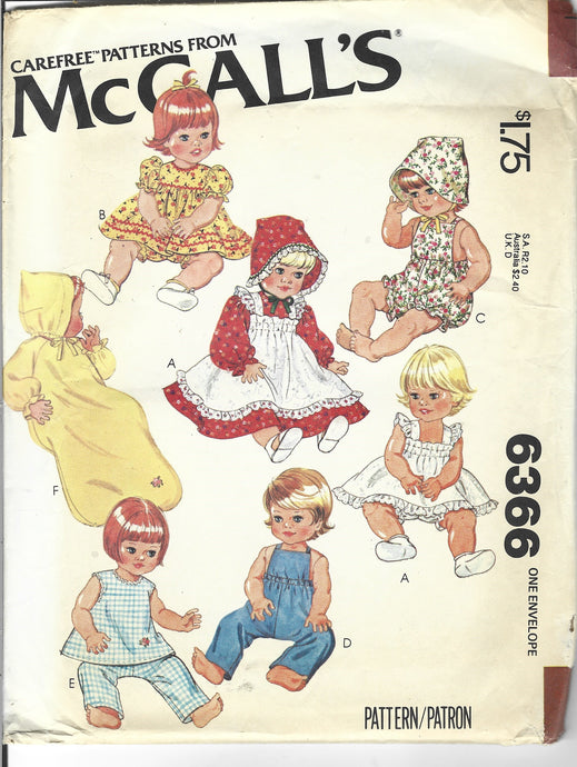 mccalls 6366 doll clothes vintage pattern