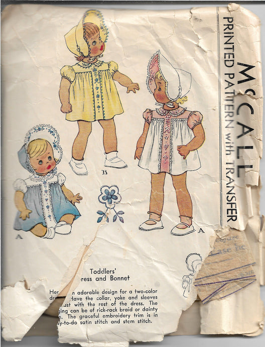 McCall 1126 Toddler Shortie Dress Bonnet Vintage Sewing Pattern 1940s - VintageStitching - Vintage Sewing Patterns