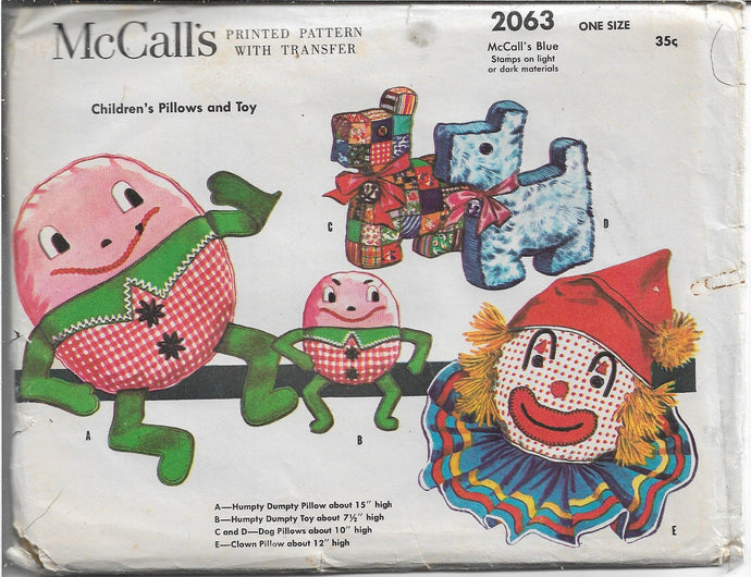 McCalls 2063 Humpty Dumpty Clown Pillow Toys Vintage Craft Sewing Pattern 1950s - VintageStitching - Vintage Sewing Patterns