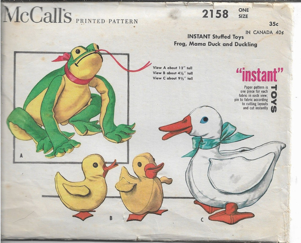 McCalls 2158 Frog Duck Stuffed Animals Vintage Craft Sewing Pattern 1950s - VintageStitching - Vintage Sewing Patterns