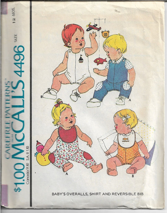 McCall's 4496 Baby Summer Overalls Shirt Bib Vintage Sewing Pattern 1970s - VintageStitching - Vintage Sewing Patterns
