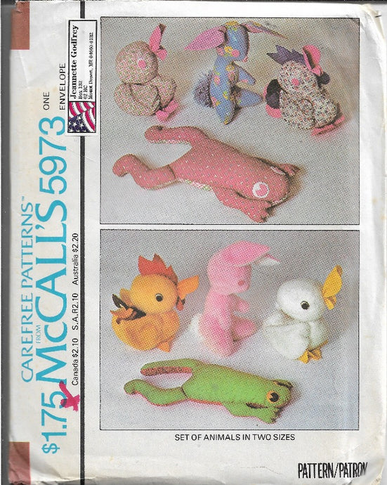 McCalls 5973 Vintage Sewing Craft Pattern 1970s Stuffed Animals Rooster Frog Duck - VintageStitching - Vintage Sewing Patterns